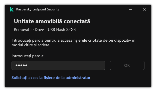 Fereastra conține un câmp de introducere a parolei. Utilizatorul poate crea o solicitare de acces la fișier.