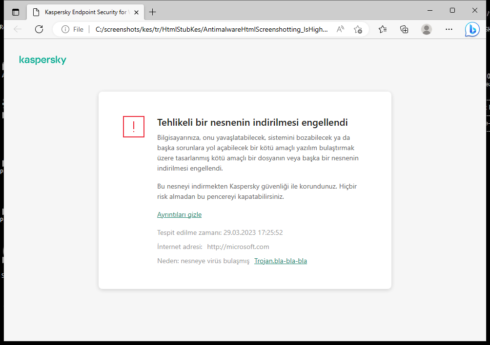 Kötü amaçlı nesnenin tarayıcı penceresine yüklenmesini önleme hakkında Kaspersky bildirimi.