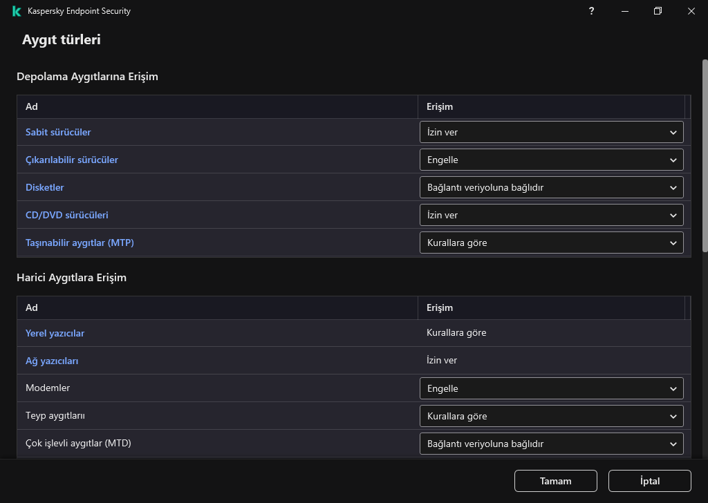 Aygıtlara erişimi yapılandırma penceresi. Kullanıcı, aygıtlarıa erişimi yapılandırabilir ve erişim planı gibi ek erişim parametrelerini ayarlayabilir.