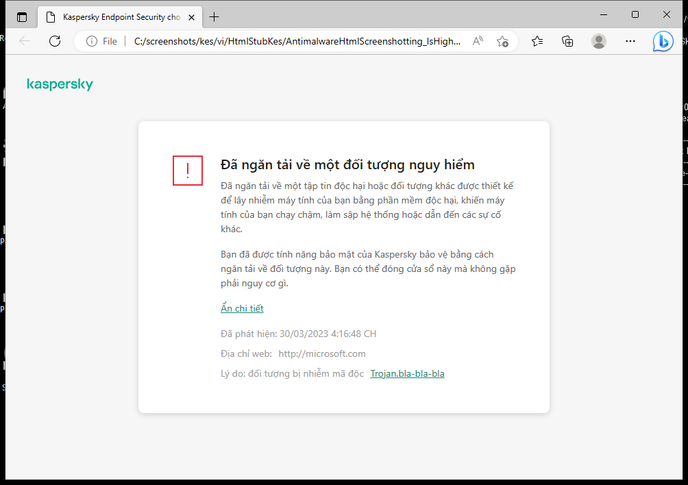 Thông báo của Kaspersky về việc ngăn đối tượng độc hại nạp vào trong cửa sổ trình duyệt.