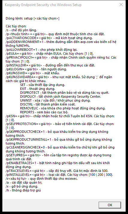 Cửa sổ chú giải công cụ, mô tả các tùy chọn lệnh để cài đặt ứng dụng qua CMD.