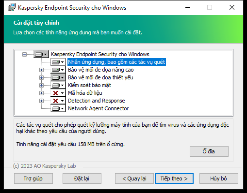 Cửa sổ bộ cài đặt chứa danh sách các thành phần mà người dùng có thể chọn.