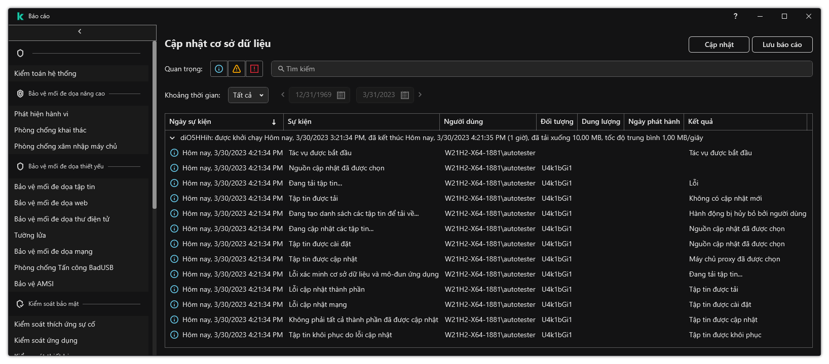 Một cửa sổ chứa danh sách các sự kiện trong báo cáo. Người dùng có thể lọc/sắp xếp các sự kiện và lưu báo cáo vào một tập tin.