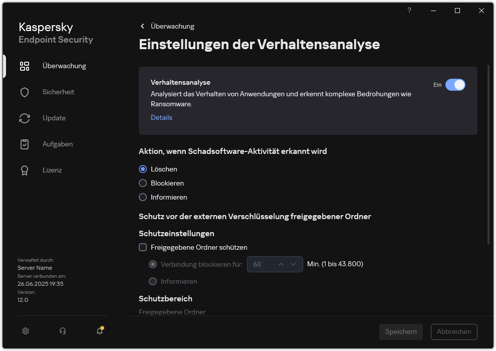 Fenster mit den Einstellungen der Verhaltensanalyse.
