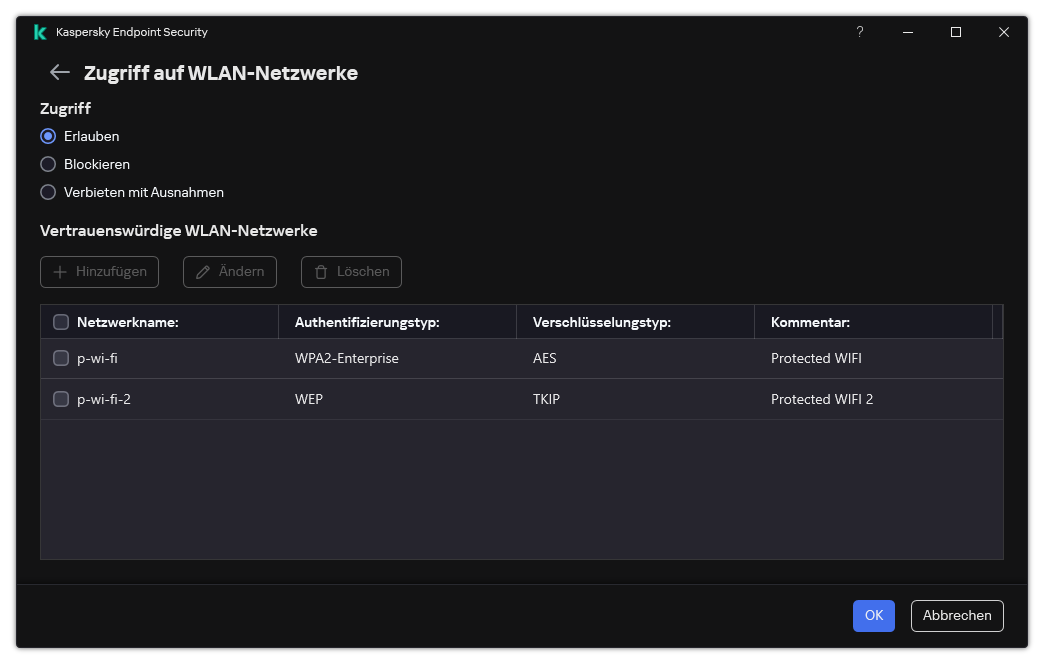 Ein Fenster mit einer Liste der WLAN-Netzwerke. Der Benutzer kann den Zugriff auf alle WLAN-Netzwerke konfigurieren und vertrauenswürdige WLAN-Netzwerke hinzufügen.