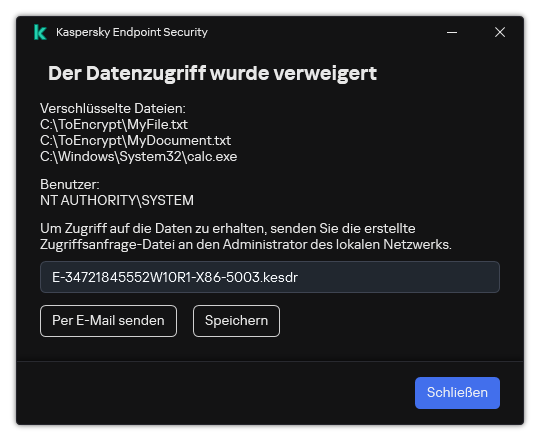 Ein Fenster mit einer Zugriffsanfrage-Datei für verschlüsselte Daten. Der Benutzer kann die generierte Datei auf der Festplatte speichern oder per E-Mail versenden.