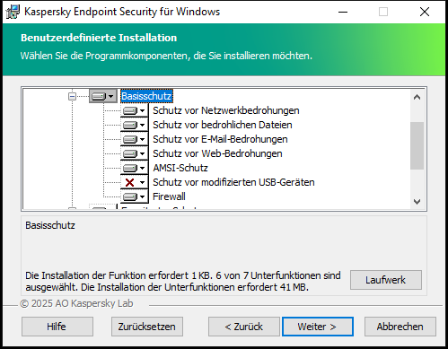 Fenster des Installationsprogramms mit einer Liste der Komponenten, die der Benutzer auswählen kann.