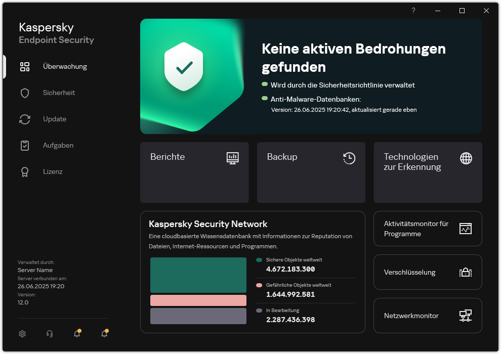 Das App-Hauptfenster enthält Abschnitte zur Überwachung der Computersicherheit und zur Verwaltung der App.
