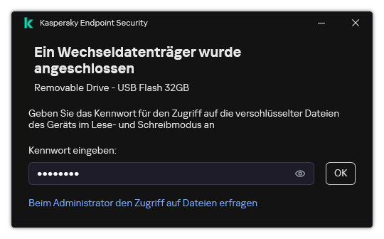 Das Fenster enthält ein Eingabefeld für das Kennwort. Der Benutzer kann eine Zugriffsanfrage-Datei erstellen.