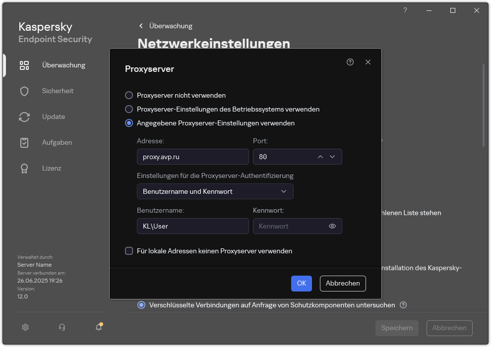 Das Fenster zum Konfigurieren der Proxyserver-Verbindung. Der Benutzer kann die Adresse des Proxyservers und Anmeldedaten für die Verbindung mit dem Proxyserver festlegen.