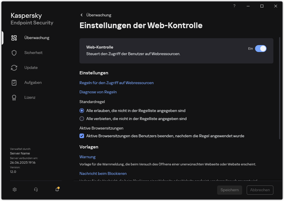 Fenster mit den Einstellungen der Web-Kontrolle.