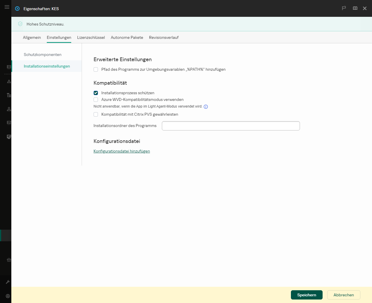 Eigenschaftenfenster des Installationspakets. Sie können die Installation der App konfigurieren.