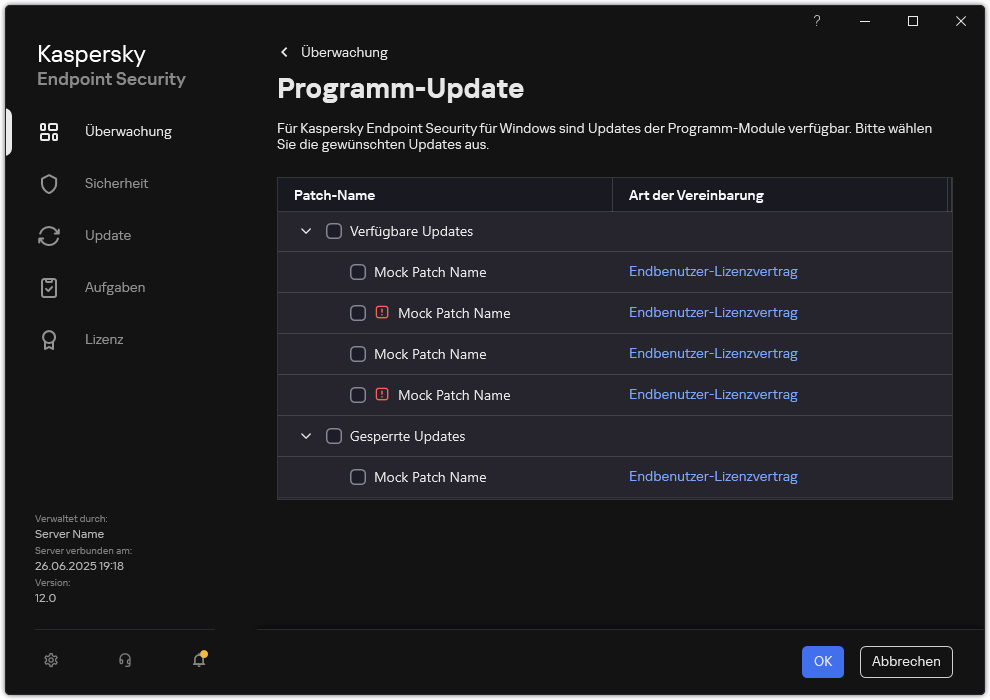 Fenster mit einer Liste der verfügbaren Patches. Der Benutzer kann Patches auswählen und die Bedingungen der Vereinbarungen akzeptieren.