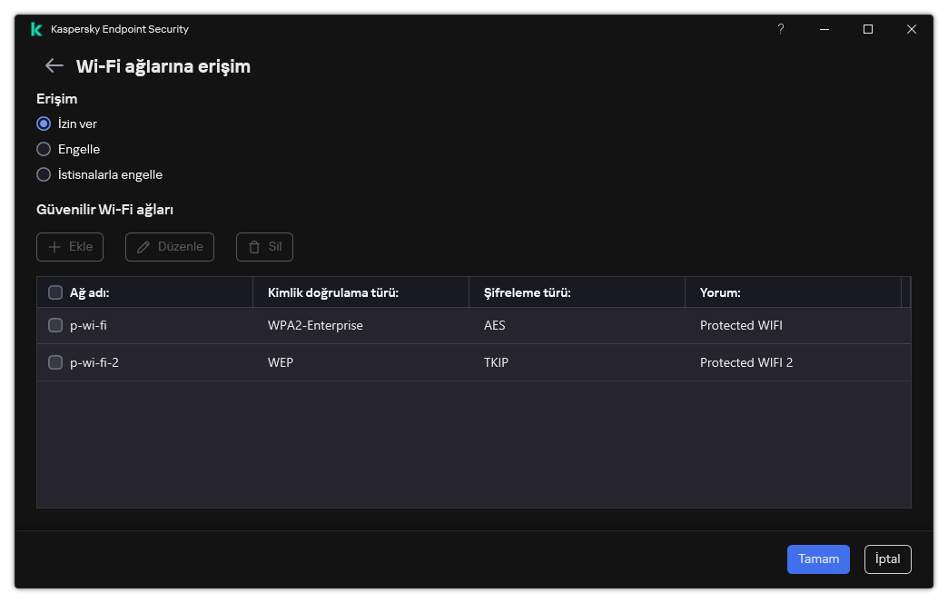 Wi-Fi ağlarının listesini içeren bir pencere. Kullanıcı tüm Wi-Fi ağlarına erişimi yapılandırabilir ve güvenilir Wi-Fi ağları ekleyebilir.