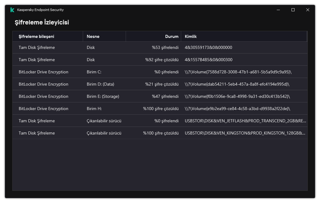 Şifrelemenin çalıştığı sürücülerin listesini içeren bir pencere. Şifreleme teknolojisi, durum ve sürücü kimliği görüntülenir.