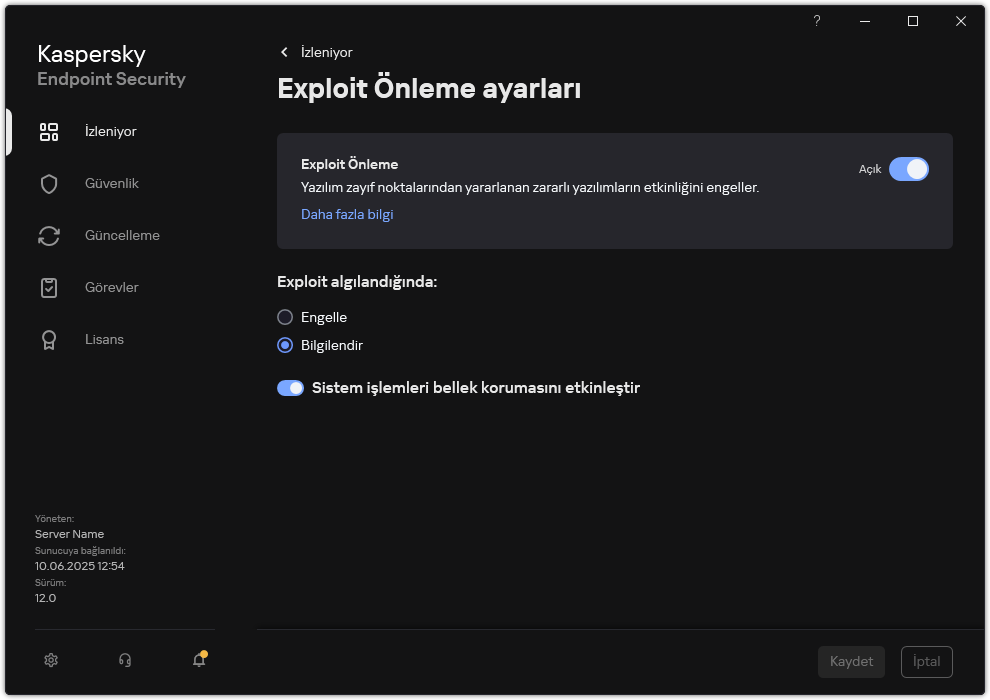 Exploit Önleme ayarları penceresi