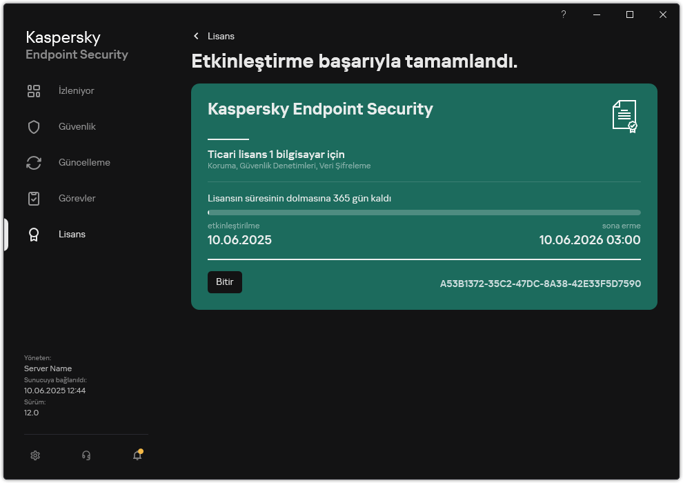 Pencere lisansla ilgili bilgileri içerir: sona erme tarihi, kullanılabilir işlevler ve diğer bilgiler.