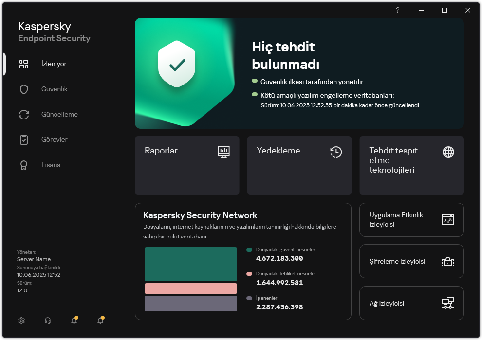 Ana uygulama penceresi, bilgisayar güvenliği izleme ve uygulama kontrolü için bölümler içerir.