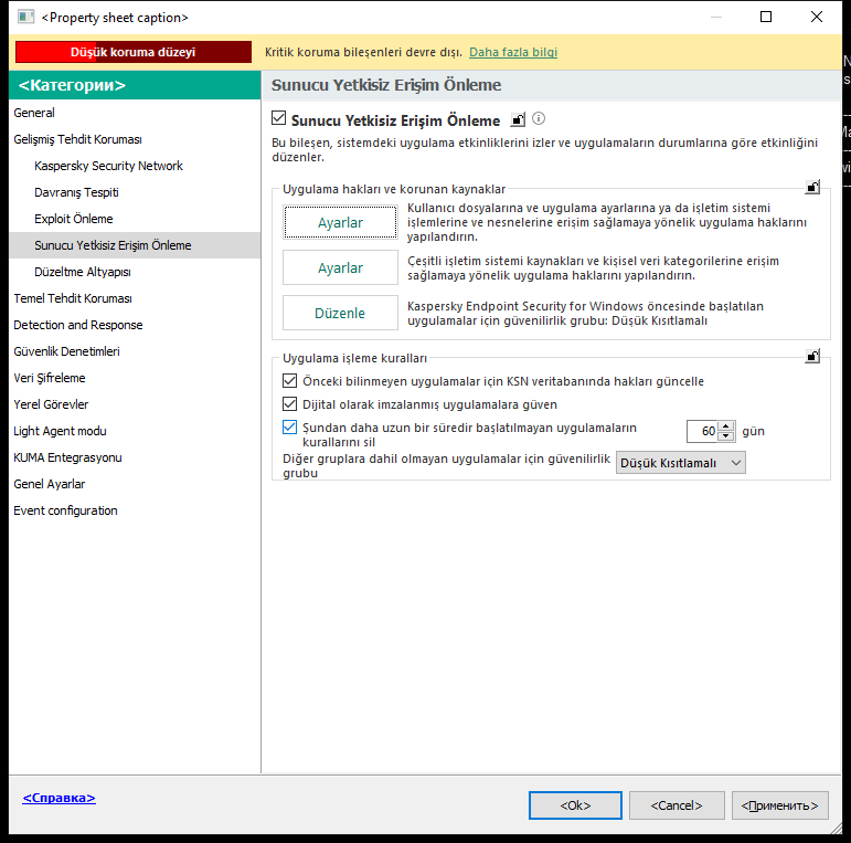 Yetkisiz Erişim Önleme ayarları penceresi.