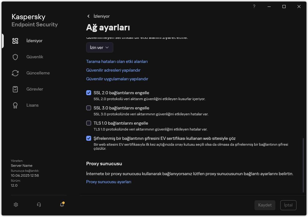 Uygulama ağ ayarları penceresi.