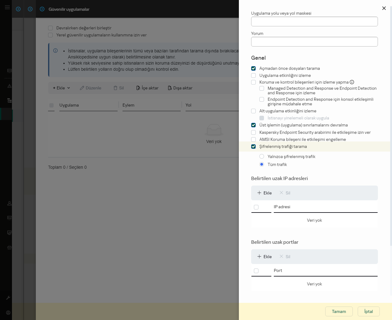 Güvenilir uygulamaya giden yolu girmek için bir alan içeren bir pencere. Maskeler kullanılabilir.