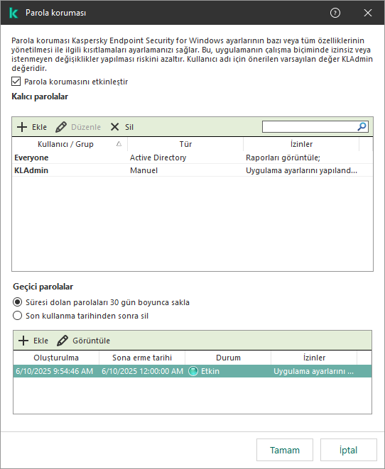 Geçici parolaların yönetimi penceresi.