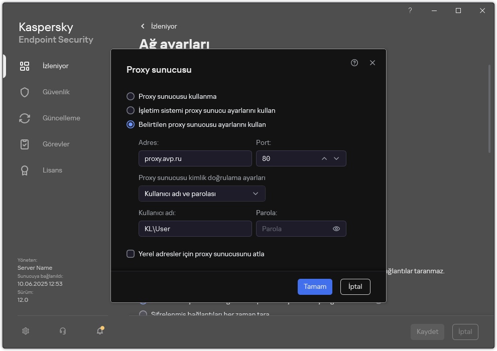 Proxy sunucusu bağlantısını yapılandırma penceresi. Kullanıcı, proxy sunucusunun adresini ve proxy sunucusuna bağlanmak için kimlik bilgilerini ayarlayabilir.