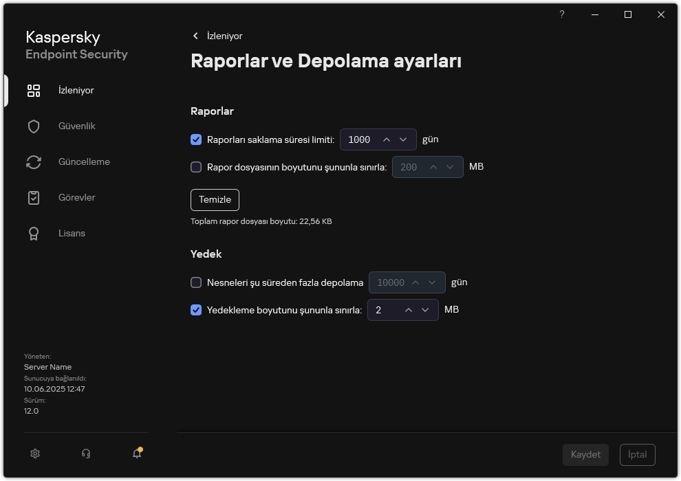 Raporlar ve Depolama ayarları penceresi. Kullanıcı, depodaki raporların ve nesnelerin boyutunu ayarlayabilir ve saklama süresini sınırlayabilir.