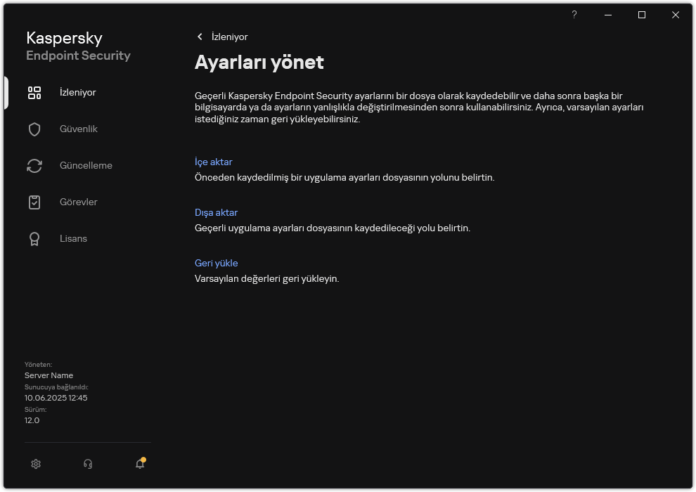 İstisna ayarları penceresi. Kullanıcı, uygulama ayarlarını dışa aktarabilir, içe aktarabilir veya geri yükleyebilir.