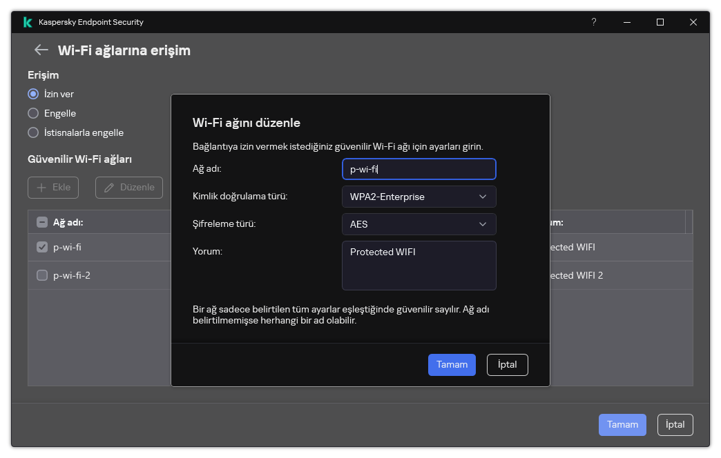 Pencere, güvenilir Wi-Fi ağının ayarlarını içerir.