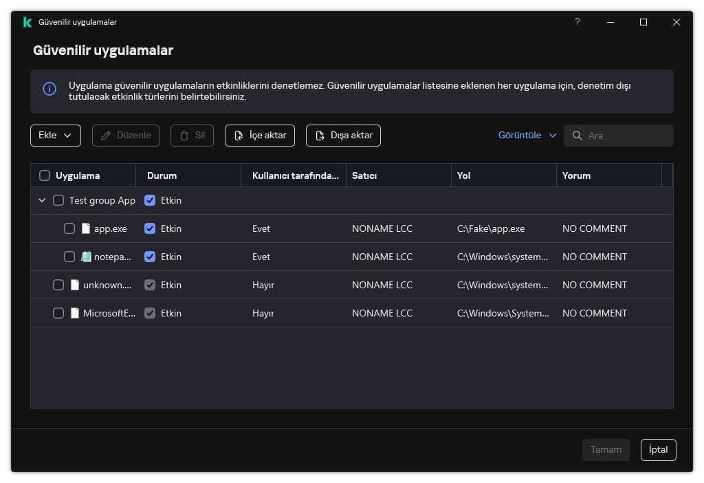 Güvenilir uygulamaların listesini içeren bir pencere. Kullanıcı, güvenilir bir uygulamayı ekleyebilir, düzenleyebilir veya kaldırabilir.