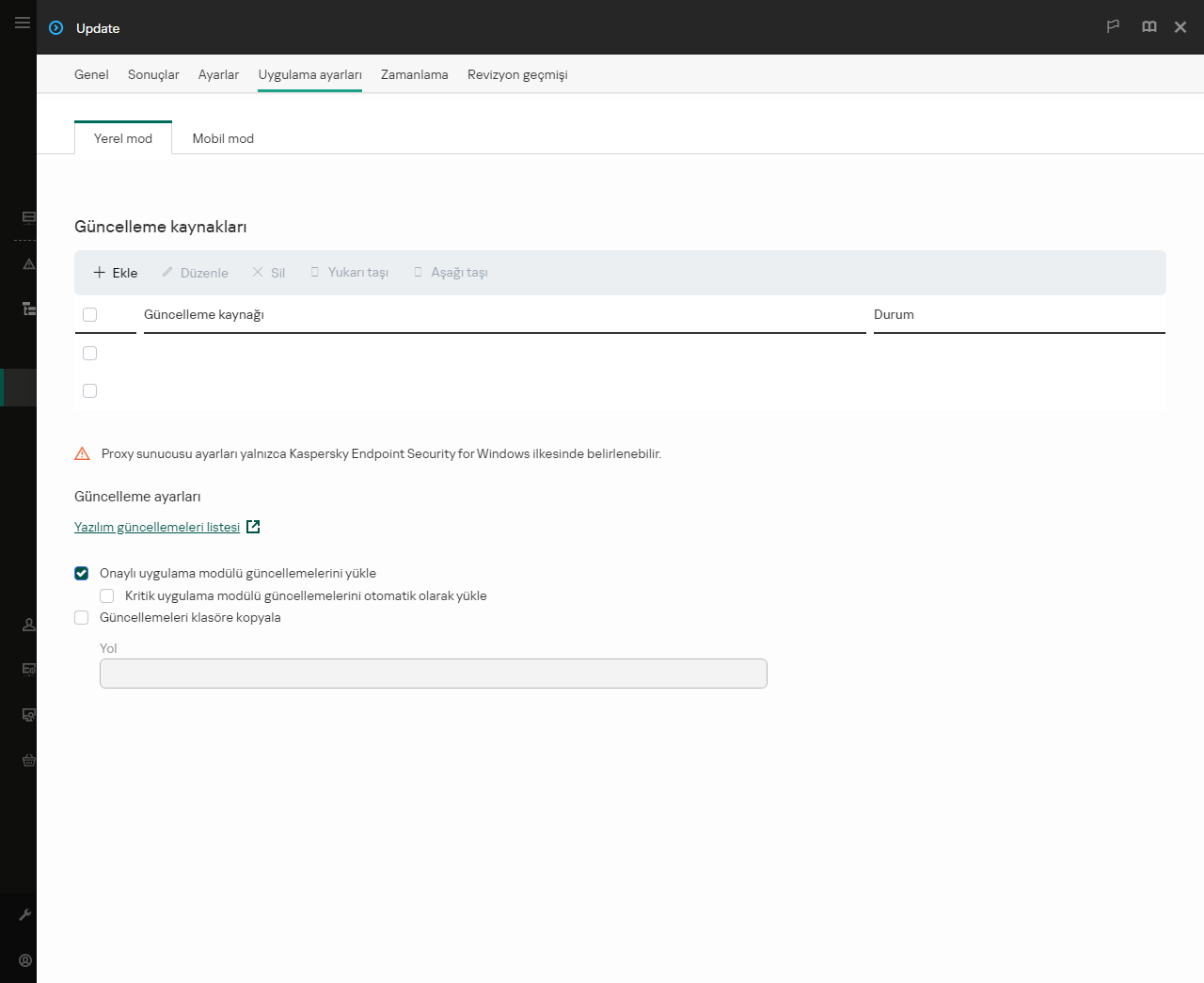 Güncelleme kaynaklarının listesini içeren bir pencere. Kullanıcı güncelleme kaynakları ekleyebilir ve kaynağa bir öncelik atayabilir.
