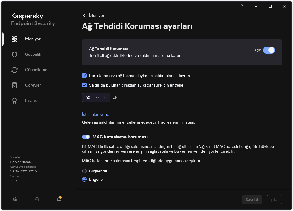 Ağ Tehdidi Koruması ayarları penceresi