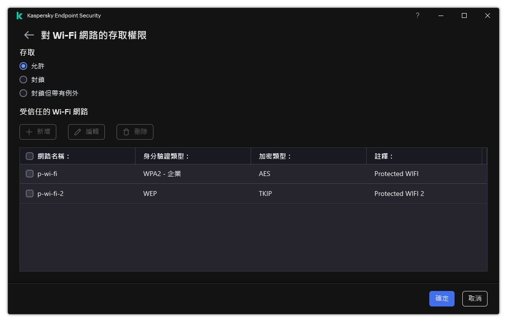 包含 Wi-Fi 網路清單的視窗。使用者可以配置對所有 Wi-Fi 網路的存取並新增受信任的 Wi-Fi 網路。