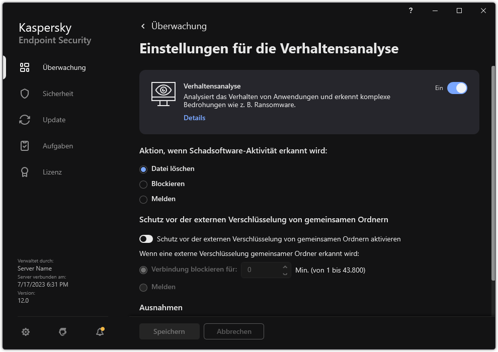 Fenster mit den Einstellungen der Verhaltensanalyse.