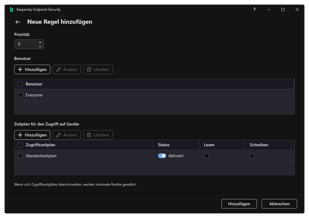 Konfigurationsfenster für eine &bdquo;Gerätekontrolle&ldquo;-Regel. Der Benutzer kann die Priorität der Regel festlegen, Benutzer zur Regel hinzufügen und einen Regelzeitplan erstellen.