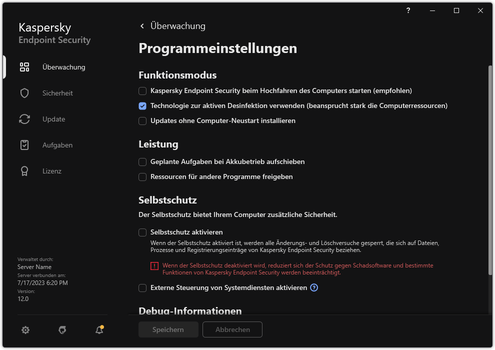 Fenster mit den App-Einstellungen. Der Benutzer kann Leistung, Selbstschutz und sonstige Einstellungen konfigurieren.