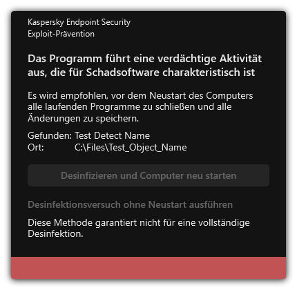 Benachrichtigung über die Erkennung von Schadsoftware. Der Benutzer kann eine Desinfektion mit oder ohne Neustart des Computers durchführen.