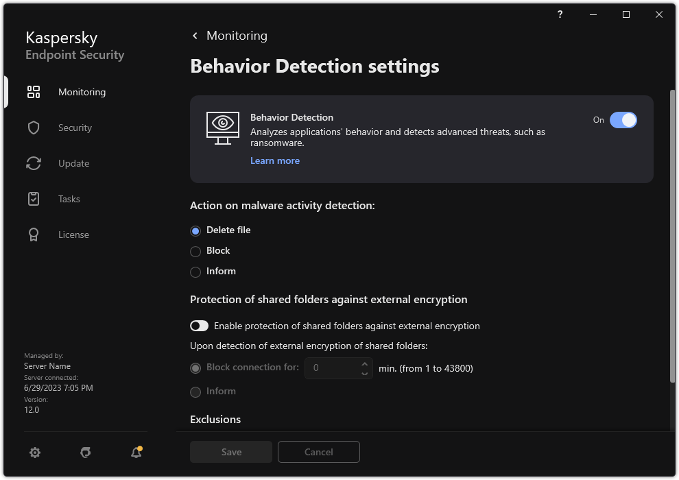 Behavior Detection settings window.