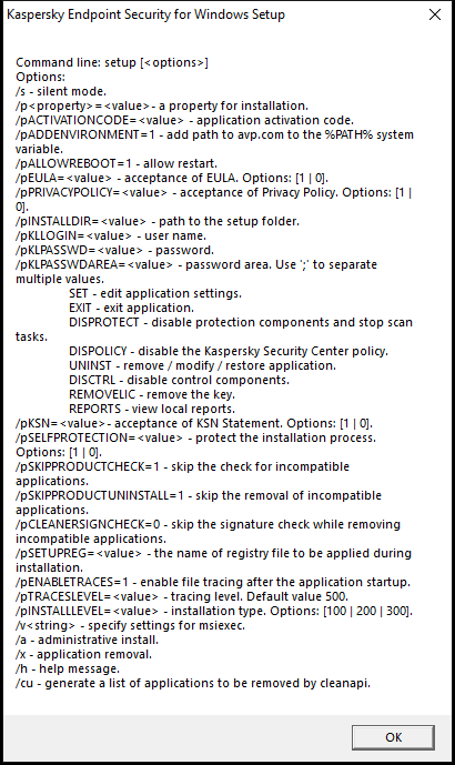 Tooltip window describing the command options to install the application via CMD.
