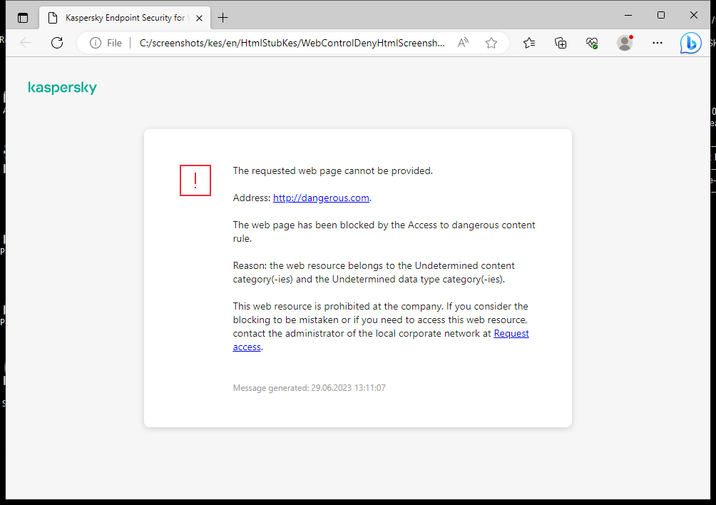 Kaspersky notification about blocking access to the web page in the browser window. The user can create a request to access the web resource.