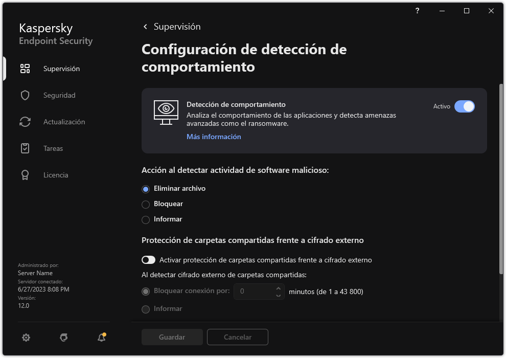 Ventana Configuración de detección de comportamiento.