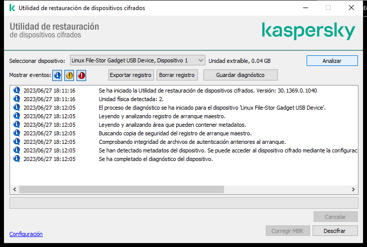 Una ventana con la lista de eventos de utilidad. El usuario puede ejecutar diagnósticos y descifrar el dispositivo seleccionado.