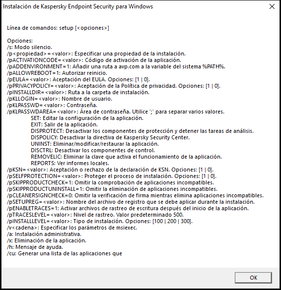 Ventana de información sobre la herramienta que describe las opciones de comando para instalar la aplicación a través de CMD.