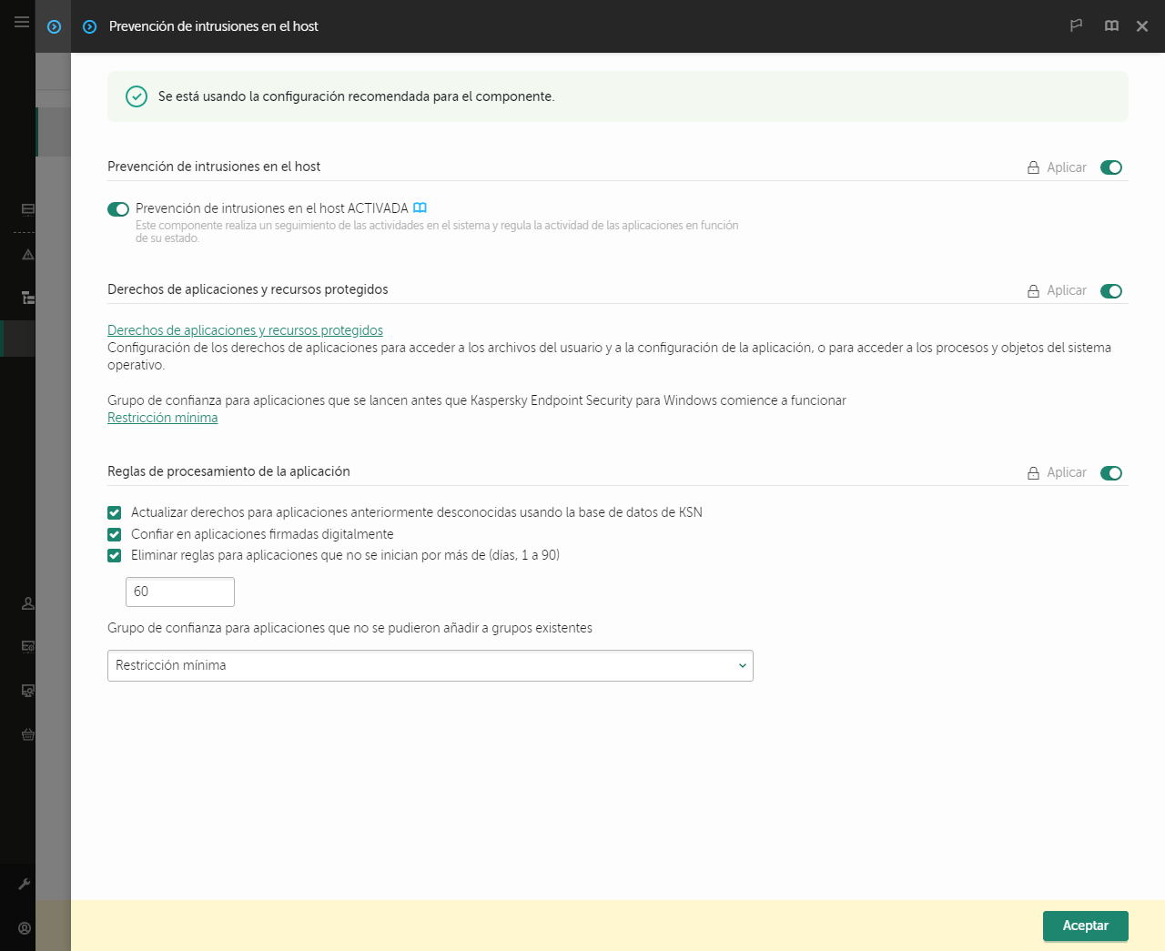 Ventana Configuración de Prevención de intrusiones.