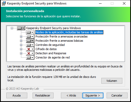 Ventana del instalador con una lista de componentes que un usuario puede seleccionar.