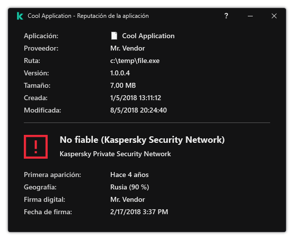 La ventana contiene información sobre la reputación del archivo y otros datos, como la presencia de una firma digital.
