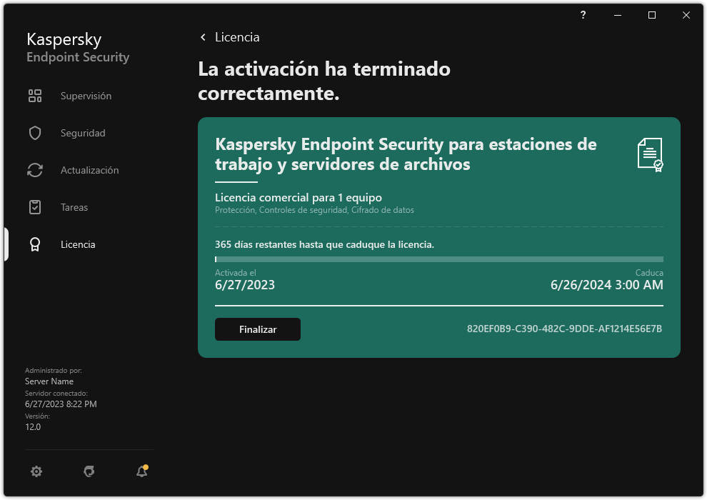 La ventana contiene información sobre la licencia: fecha de caducidad, funciones disponibles y otra información.