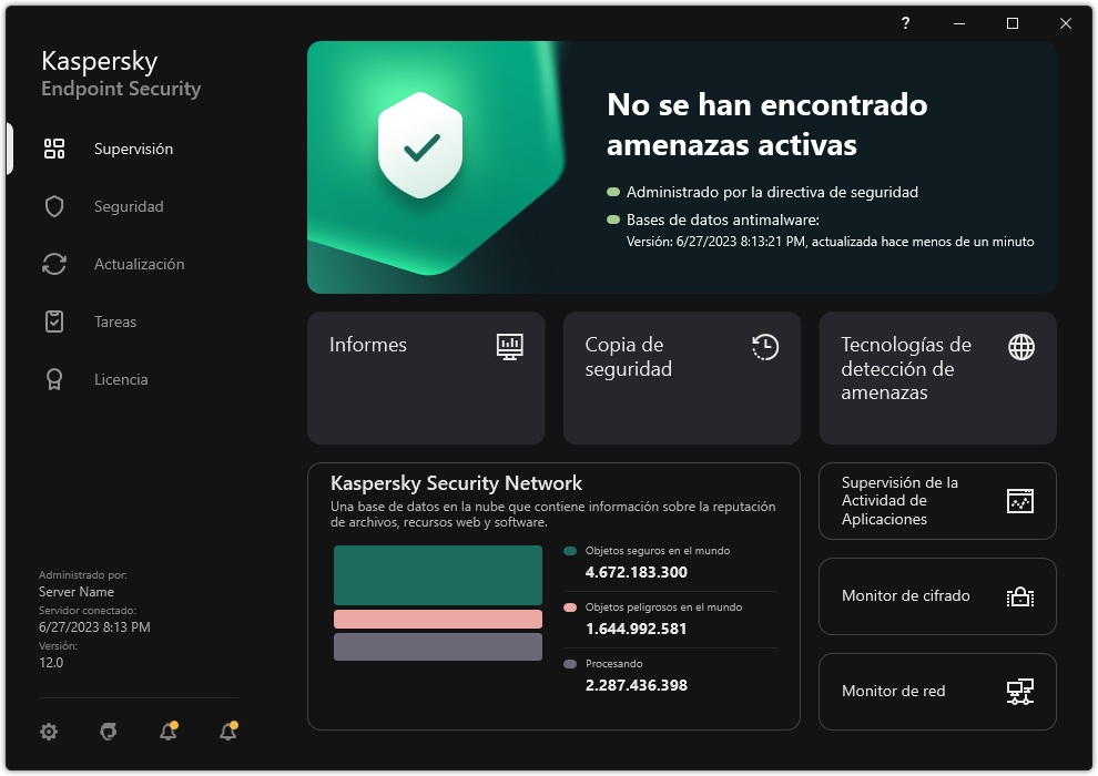 La ventana principal de la aplicación contiene secciones para la supervisión de la seguridad del equipo y el control de la aplicación.