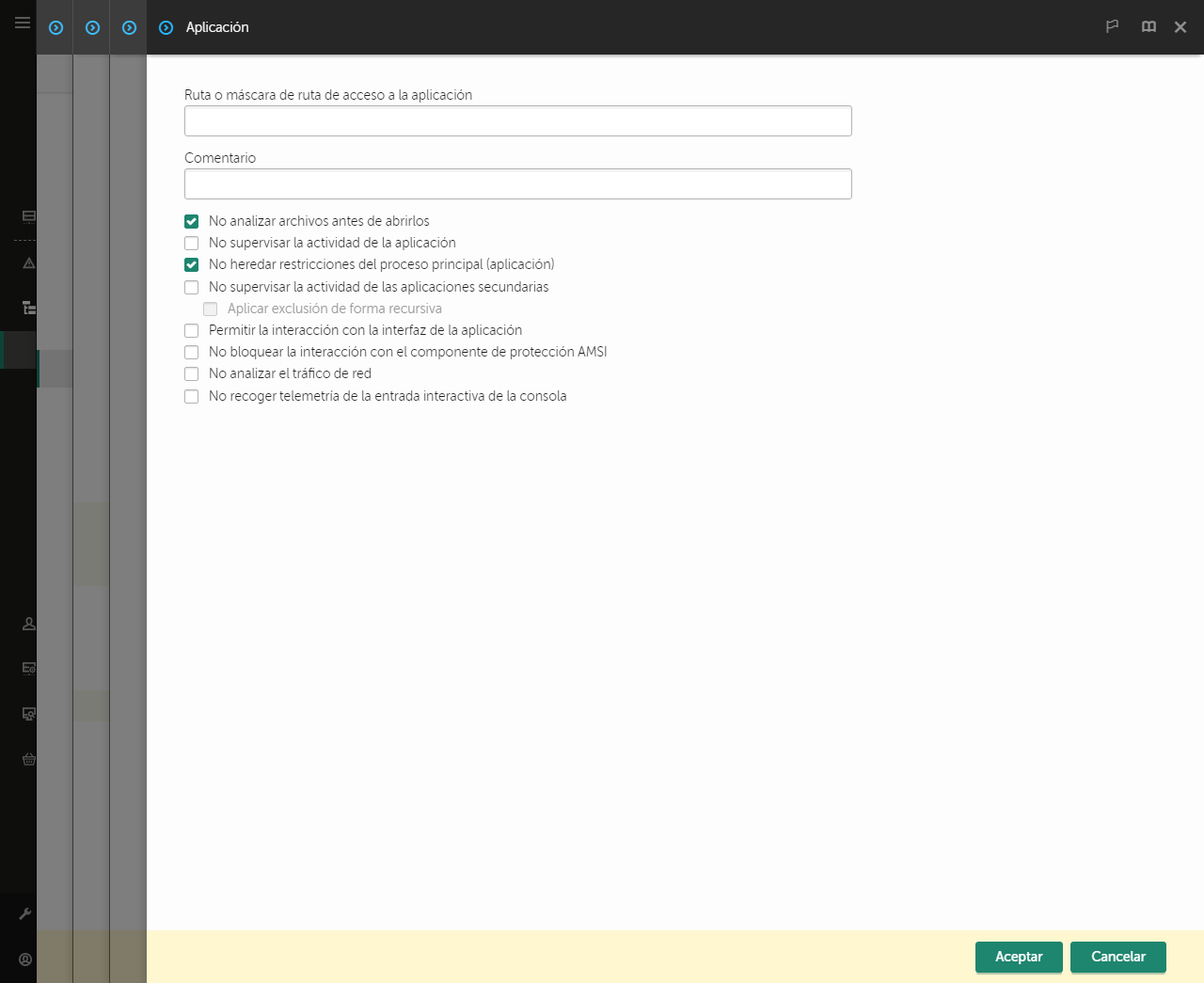 Una ventana con un campo para introducir la ruta a la aplicación de confianza. Se pueden usar máscaras.
